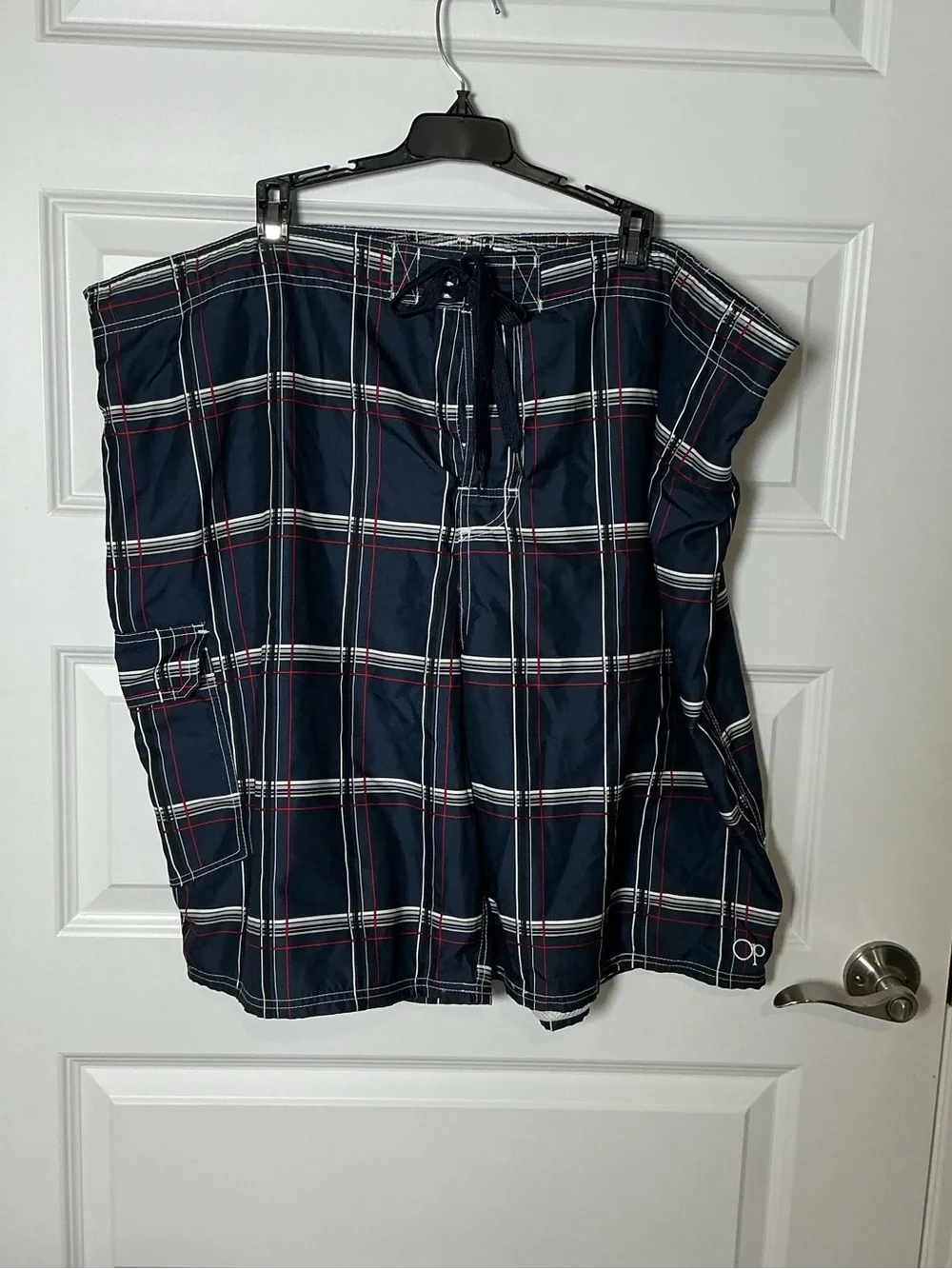 OP Dark Navy Plaid Swim Trunks with Red & White Accents 3X